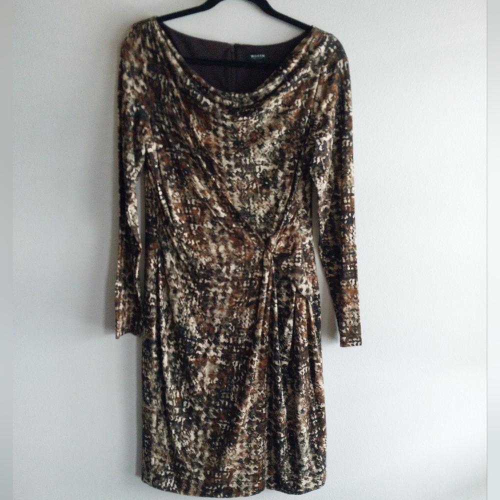 Worth New York Brown and Tan Abstract Plaid Print Long Sleeve Midi Dress